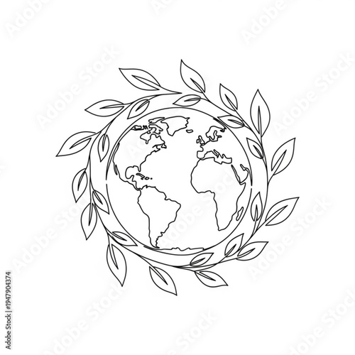 A minimalist line art illustration of the Earth surrounded by a wreath of leaves, symbolizing environmental conservation and sustainability.