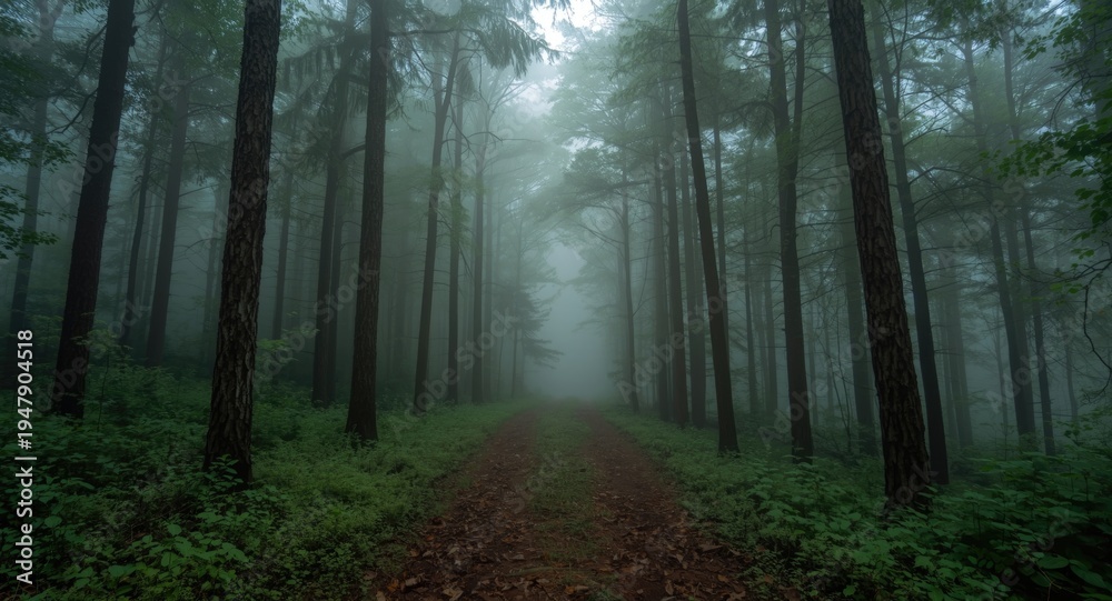 Fototapeta premium Fog filled forest trail lined by tall green trees