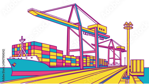 A large cargo ship docked at a port with cranes Vector