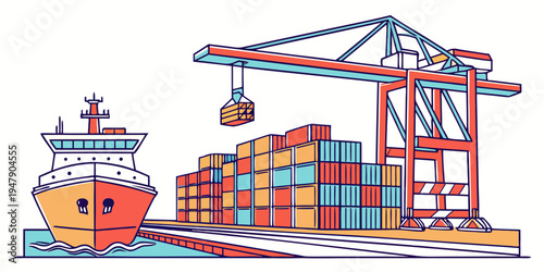 A cargo ship and crane loading colorful shipping containers Vector