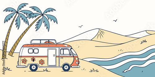 A van parked on a beach next to a palm tree Vector