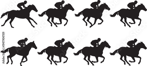 Set of eight black silhouettes of horse and rider in galloping motion sequence isolated on white background for equine themes