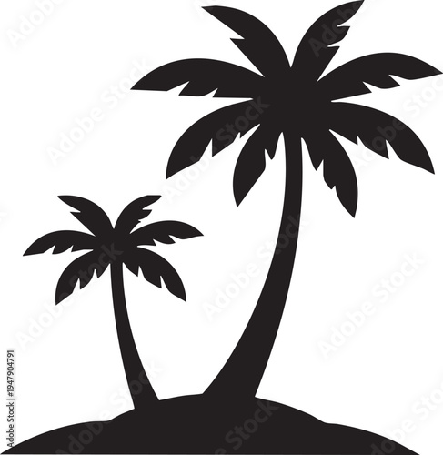 Black silhouette of two palm trees on small mound isolated on white background for tropical, beach, and vacation themes