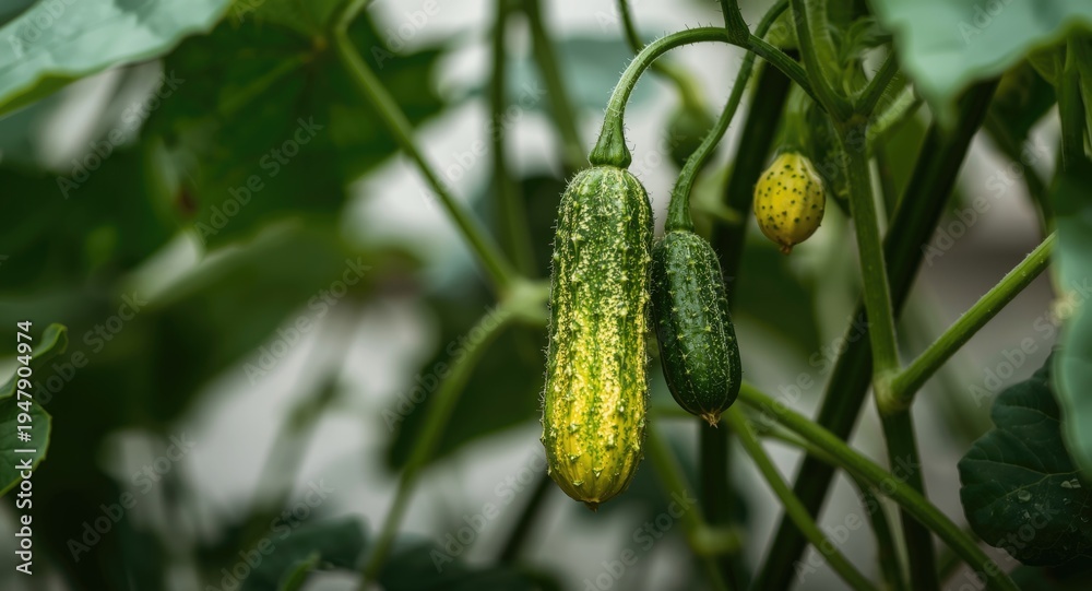 Obraz premium Healthy cucumber fruit turning ripe on green garden vine