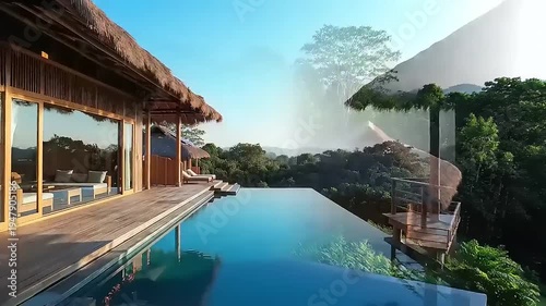 Panoramic aerial drone footage reveals eco-friendly luxury resort with thatched roofs, solar panels, and infinity pool nestled amidst lush, dense rainforest, representing sustainable tourism and