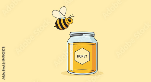 Bee flying near honey jar.