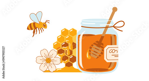 Honey jar with bee and honeycomb.