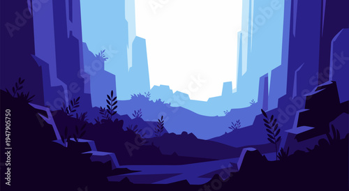 Serene Canyon Landscape Vector Illustration, A Majestic And Serene Blue And Purple Hued Vista Perfect For Digital Art Projects And Graphic Design