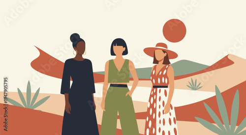 Stylized desert landscape vector illustration featuring three diverse women in fashionable attire, a representation of empowerment and individuality