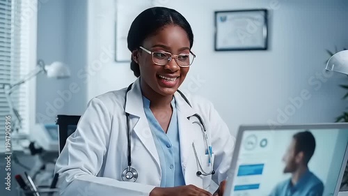 Professional female doctor in white coat smiling while consulting patient via video call on laptop in modern office, symbolizing healthcare communication and telemedicine advancement