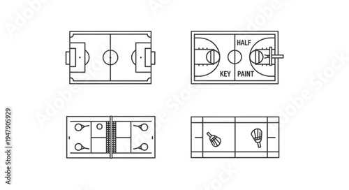Layouts of Various Sports Fields - Soccer, Basketball, Badminton, and Tennis.