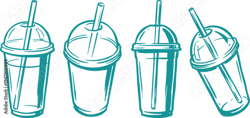 Hand Drawn Plastic Drink Cup Set Vector Illustration, Takeaway Beverage Cup Sketch Collection.