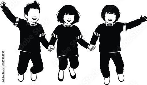 Three children jumping and holding hands in a joyful scene