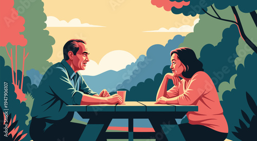 Vector illustration of a couple enjoying a picnic lunch in a serene park with rolling hills and a warm sunset backdrop