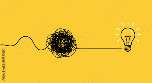 Abstract vector illustration of a tangled line evolving into a lit lightbulb symbolizing a creative idea and problem-solving