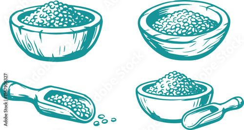 Hand Drawn Rice Bowl Set Vector Illustration, Grain Rice Sketch Collection.