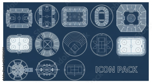 Blueprint Designs of Various Sports Arenas and Stadiums.