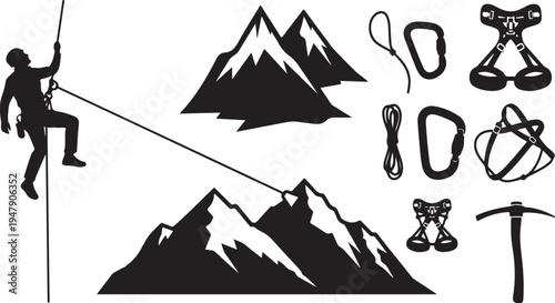 Climber rappelling down mountain with climbing gear icons