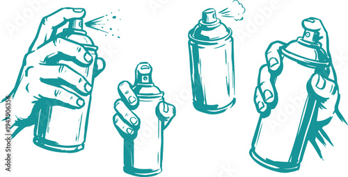Hand Drawn Spray Paint Can Set Vector Illustration, Aerosol Spray Can Sketch Collection.