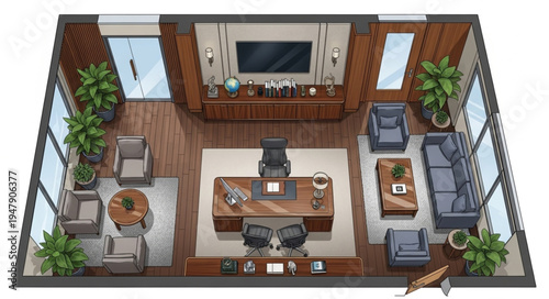 Luxurious Office Interior Design with Executive Desk and Seating Area.