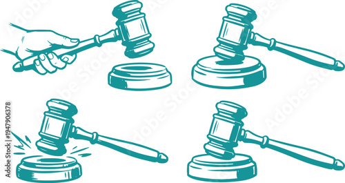 Hand Drawn Judge Gavel Set Vector Illustration, Court Hammer Sketch Collection.