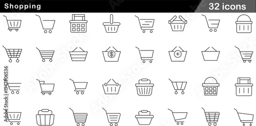 32 Shopping Icons Minimalist Line Art for Baskets, Carts and Retail