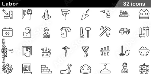 32 Labor and Construction Icons Minimalist Line Art for Industrial Tools and Trades