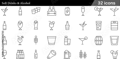 32 Soft Drinks and Alcohol Icons Minimalist Line Art for Beverages and Bar