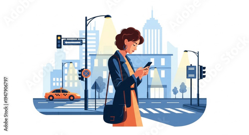 Woman using smartphone on sidewalk.