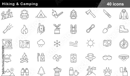 40 Hiking and Camping Icons Minimalist Line Art for Outdoor Adventure and Wilderness