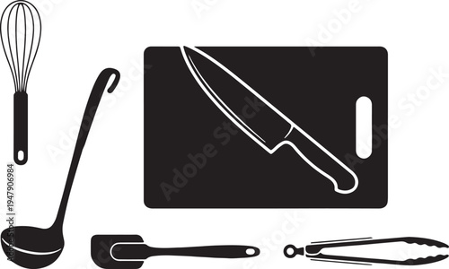 Black and white kitchen utensils on white background