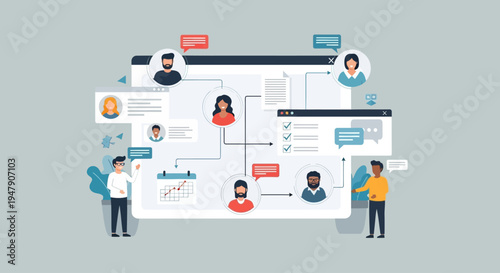 Illustration of a diverse team collaborating remotely with digital communication tools and project management interface.