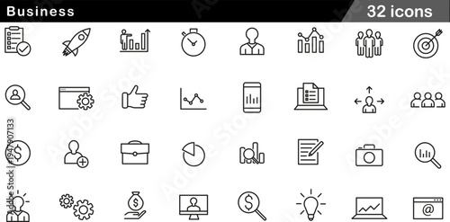 32 Business Icons Minimalist Line Art for Corporate Strategy and Analytics