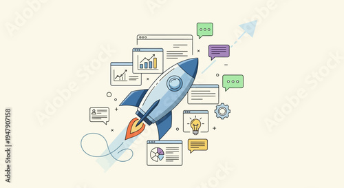 Illustration of a rocket launching surrounded by business and technology icons symbolizing innovation and growth.