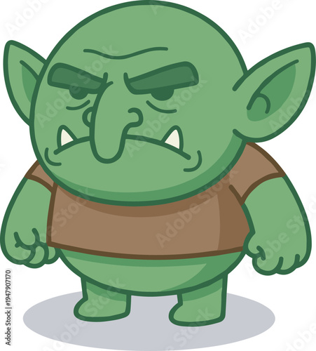 Angry green goblin cartoon character standing, fantasy troll monster mascot isolated vector illustration for game design
