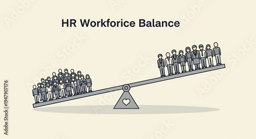 Conceptual illustration of HR workforce balance with unequal distribution on seesaw.