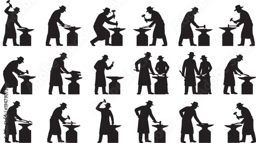 Blacksmith silhouettes collection, metal forging craftsman hammer anvil workshop traditional smith work industry artisan vector