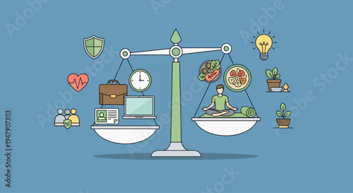 Conceptual illustration of work-life balance with scales and icons.