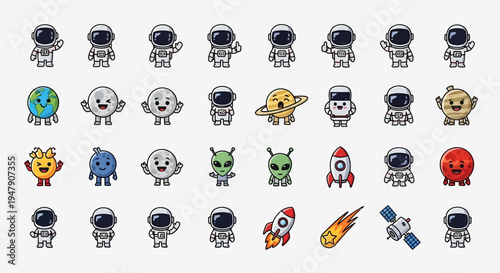 Collection of cute cartoon astronauts and space-themed characters in various poses.