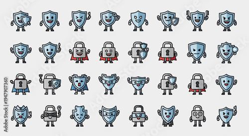Set of various cute robot characters with different expressions and poses.