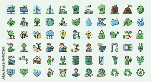 Set of colorful environmental and sustainability icons representing eco-friendly concepts and green living.