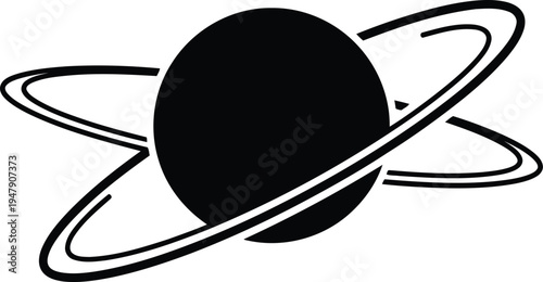 Black planet with two rings on white background space
