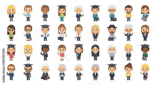 Diverse collection of cartoon business and professional people characters in various outfits and poses.