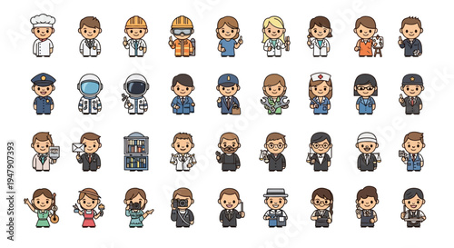 Set of diverse professional worker icons in cartoon style.