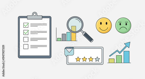 Conceptual illustration of survey analysis and customer feedback evaluation.