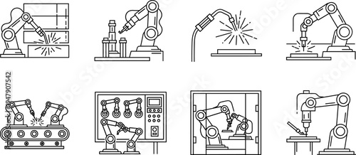 Industrial robotic arm icon set featuring automated welding, factory assembly lines, mechanical manufacturing processes, and smart technology for engineering industry.