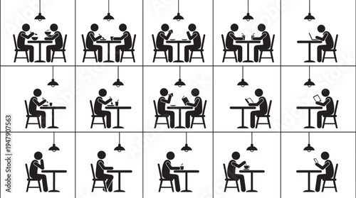 Cafe people silhouettes set, customers eating drinking coffee working laptop reading menu restaurant table lifestyle