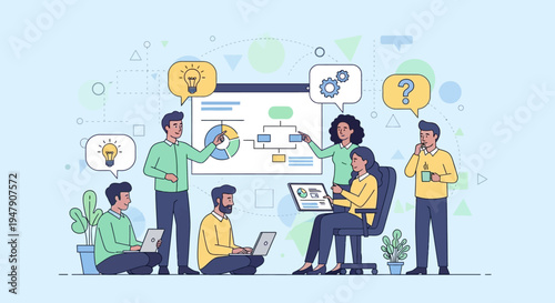 Team brainstorming and collaboration session with diverse coworkers sharing ideas.