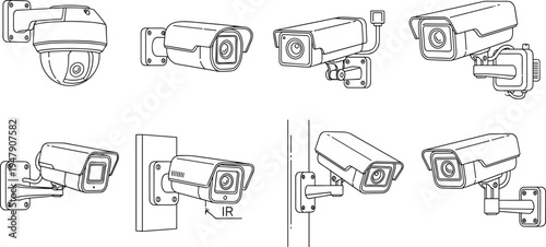 Security camera icon set, surveillance CCTV vector illustration, dome and bullet camera monitoring equipment, safety protection system, digital observation technology.