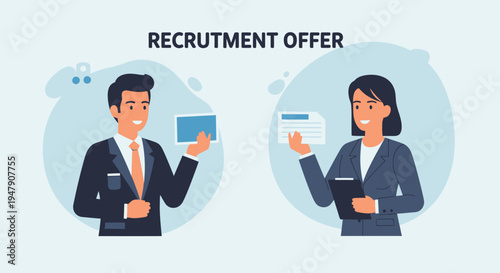 Business professionals discussing recruitment offer in modern office setting.